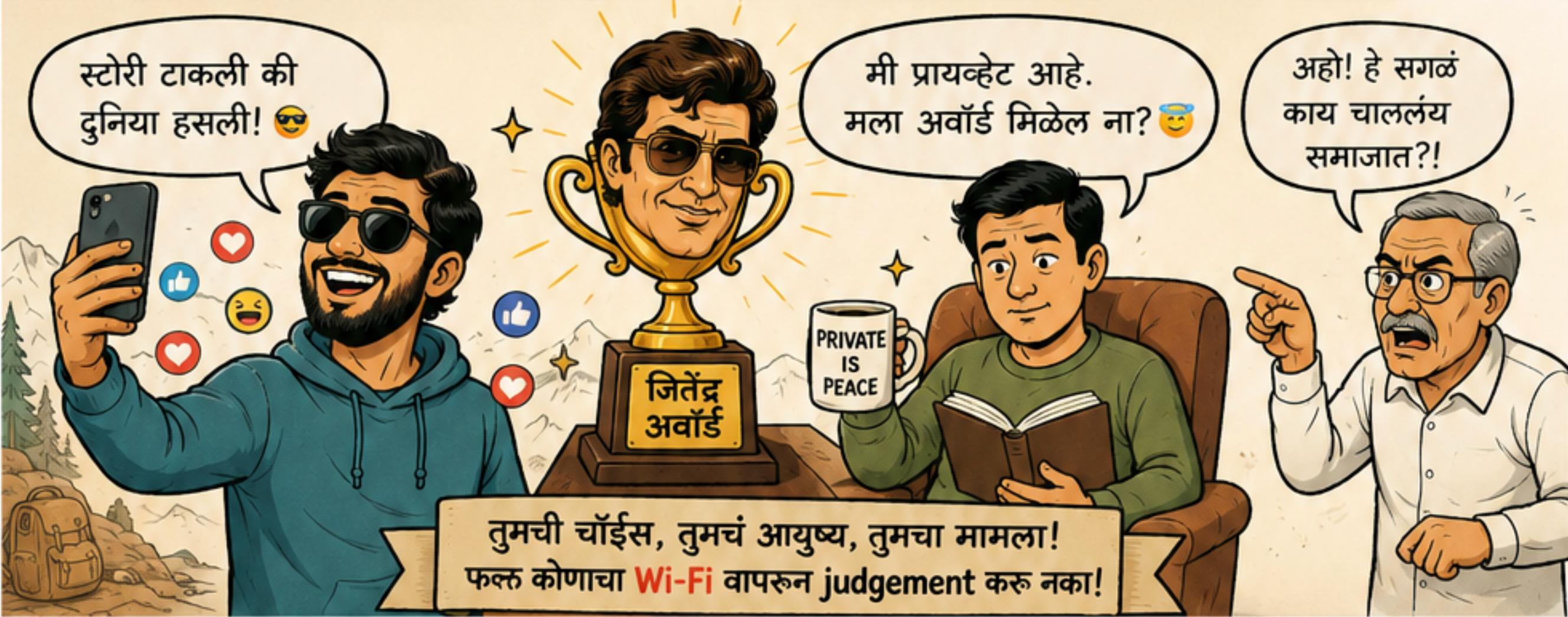 Funny banner for the blog: a playful Marathi social-media vs private-life illustration